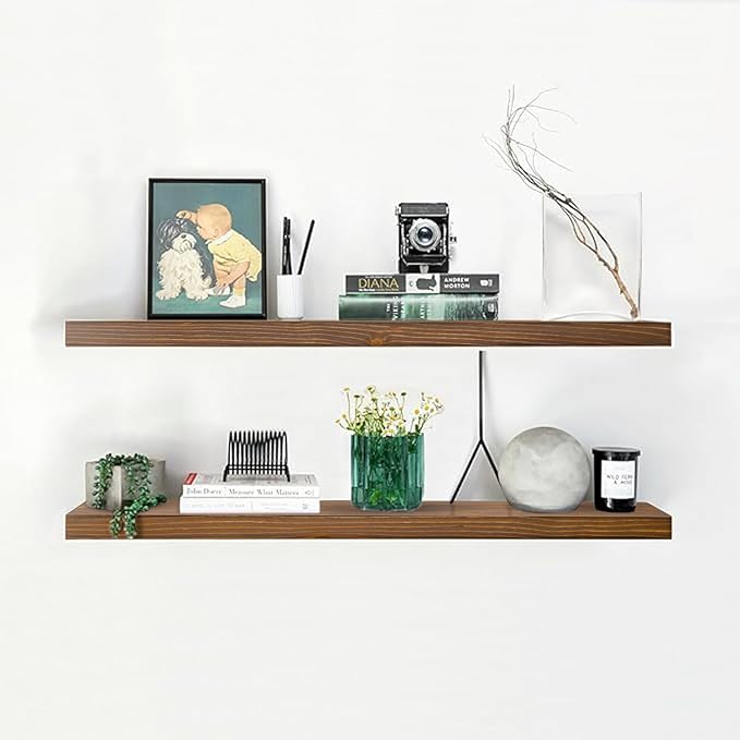 Homeforia Classic Walnut 42 inch Floating Shelf, High End Solid Real Wood Small 42inch Floating Shelves for Wall Mounted, 42in Floating Shelves, Heavy Duty Bracket, 42 X 6.5 X 1.75 inches, Set of 3