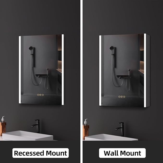 Medicine Cabinet with LED Lights and Mirror, 24 x 30 Inch Surface or Recessed Mounted Bathroom Cabinets with Door, Defogger, Memory Function, 3-Color Mode, Outlet&USB, Dimmer, Storage Shelf