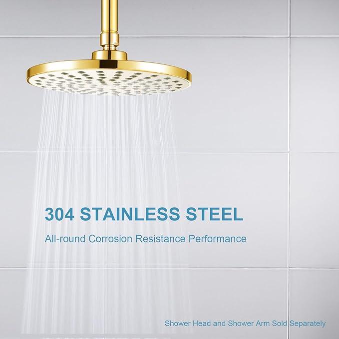 OFFO Shower Arm with Flange, Bright Gold 6 in Ceiling Mount Replacement Rain Shower Head Straight Arm Ceiling-Mounted For Fixed Shower Head & High Pressure Rain