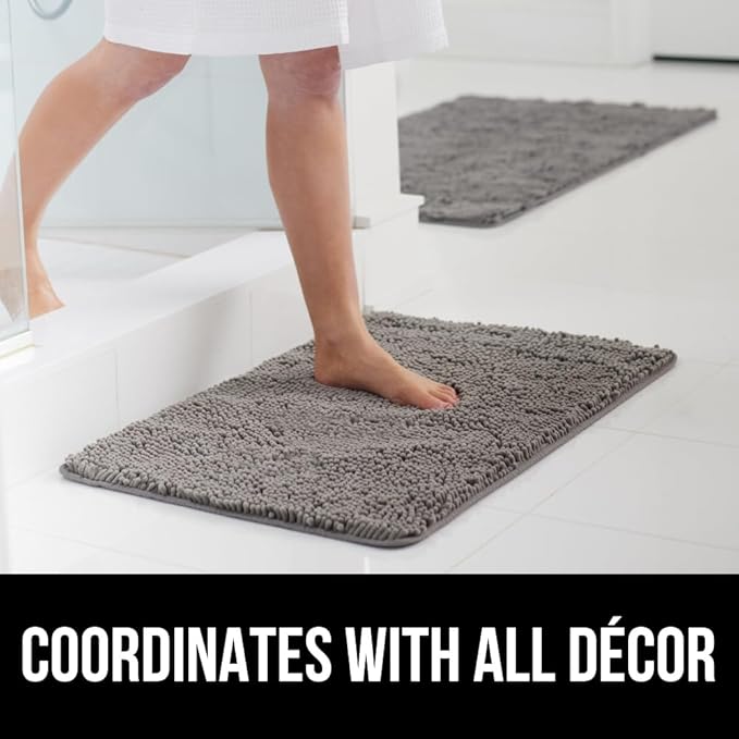 GORILLA GRIP Bath Rug Mat, Thick Soft Absorbent Chenille, Quick Dry Microfiber Mats, Rubber Backing Washable Shower Floor Rugs, Bathmat Runner, US Designed Bathroom Home Decor Accessories 24x17, Grey