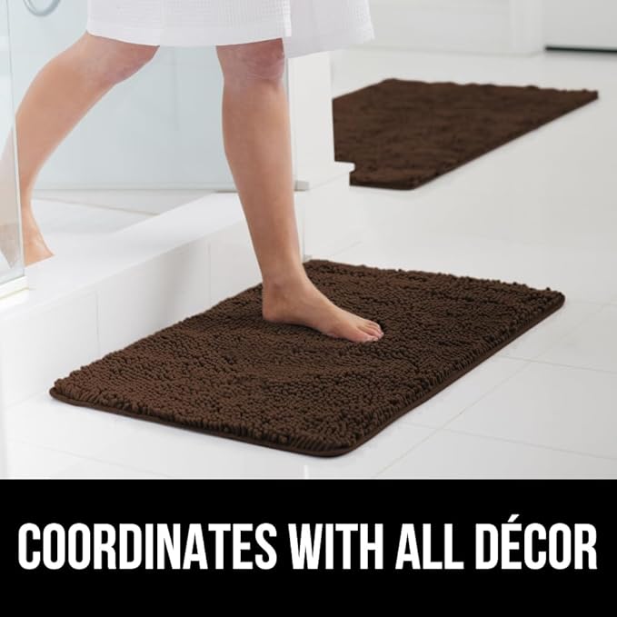 GORILLA GRIP Bath Rug Mat 48x17, Thick Soft Absorbent Chenille, Quick Dry Microfiber Mats, Rubber Backing Washable Shower Floor Rugs, Bathmat Runner, US Designed Bathroom Home Decor Accessories Brown