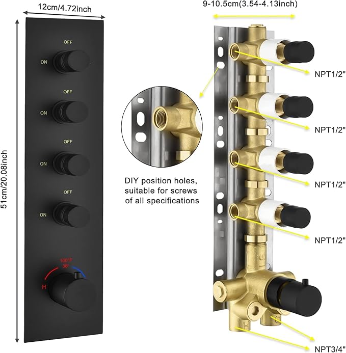 Brass Matte Black 4-Way Thermostatic Shower Diverter Valve - 4 Function Mixer with Individual On/Off Flow Control for Shower Arm & Kit