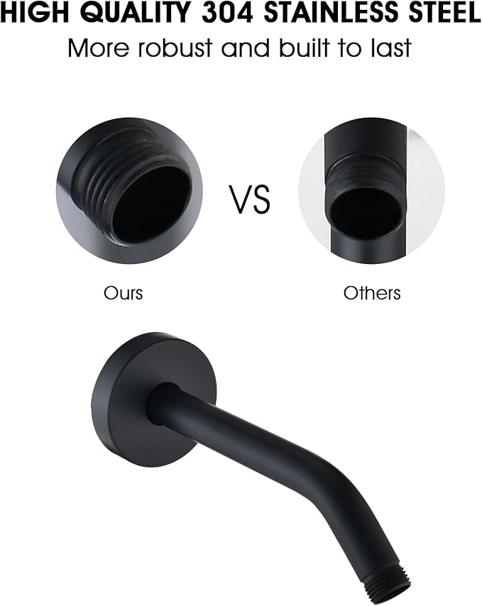 8 Inch Shower Arm with Flange and Stabilizer Bracket, Wall Mounted Shower Pipe Compatible with Rainfall Showerhead,Easy Installation, Matte Black
