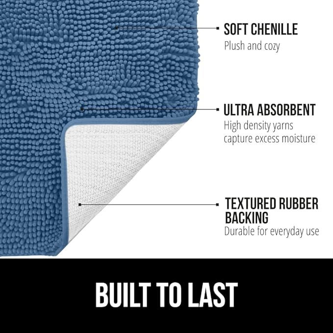GORILLA GRIP Bath Rug Mat 36x24, Thick Soft Absorbent Chenille, Quick Dry Microfiber Mats, Rubber Backing Washable Shower Floor Rugs, Bathmat Runner, US Designed Bathroom Home Decor Accessories Blue