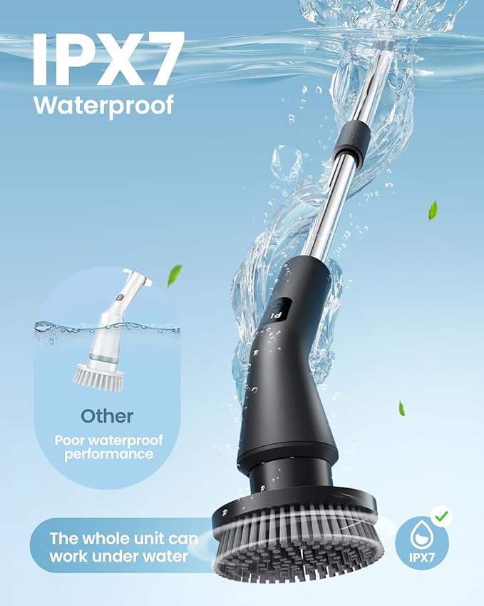 Electric Spin Scrubber, 2025 New Cordless Cleaning Brush for Home, IPX7 Waterproof Spin Scrubber with 7 Brush Heads, Adjustable Long Handle and 2 Rotating Speeds for Bathroom Tub Floor