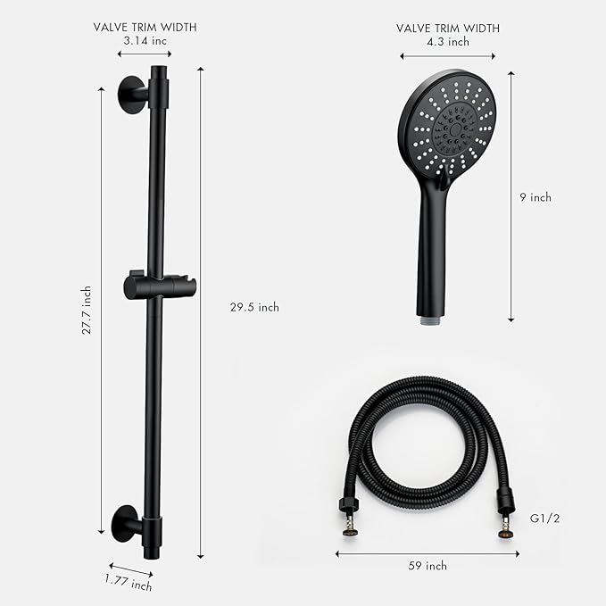 Adjustable Shower Slide Bar with 5-Function Handheld Shower Head, Stainless Steel Drill-free Mounted Slide Bar Combo with Extra Hose (Matte Black)