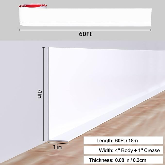 Duzzy Flexible Baseboard Molding Trim, 5 Inch(W) x 60 Feet(L) Peel and Stick Rubber Wall Trim Molding, Self-Adhesive Vinyl Wall Base Cove Base