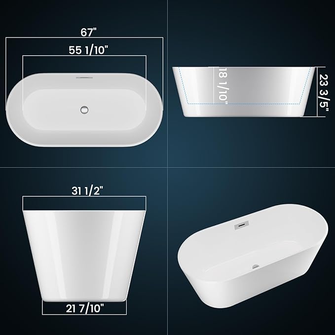 67 in Acrylic Freestanding Bathtub, Contemporary Stand Alone Tub,Glossy White Soaking Tub, Oval Bathtub with Chrome Overflow and Drain, CUPC Certified