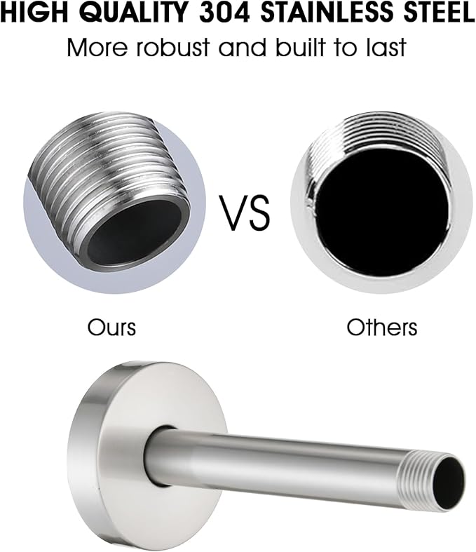 6 Inch Straight Shower Arm with Flange and Stabilizer Bracket, Ceiling Mount Replacement Rain Shower Head 304 Stainless Steel Arm For Fixed Shower Head, Brushed Nickel