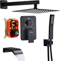 10" Matte Black Shower Faucet Set – Square Rainfall Showerhead + Handheld & Waterfall Spout, Wall-Mounted, Anti‑Clog Silicone – Modern Bathroom Hardware