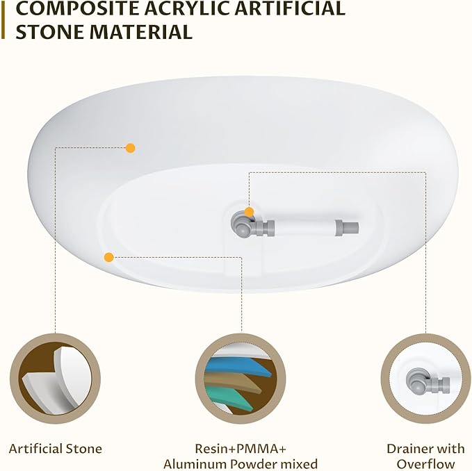 67" Resin Stone Freestanding Bathtub, Soaking Tub, Ergonomic Design, Easy Installation for Modern Spa Bathrooms, Matte White