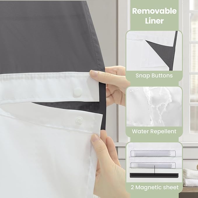 Inhousolu Long No Hook Shower Curtain with Snap in Fabric Liner Set Waffle Weave 230GSM Weighted Hem, Waterproof & Washable Bathroom Curtain Spa Luxury with Mesh Top Window 72"W x 78"L Graphite Grey