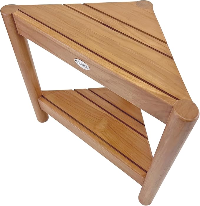 Asta Select Solid Teak Corner Shower Stool, Poratble Teak Wood Spa/Shower/Indoor/Outdoor Stool with Storage Shelf, Teak Wood Shower Corner Table, Teak Accent Table, Fully Assembled, ST-51