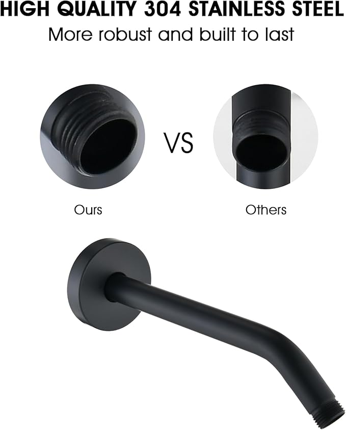 10 Inch Shower Arm with Flange and Stabilizer Bracket, Wall Mounted Shower Pipe Arm 304 Stainless Steel For Fixed Shower Head & Handheld Showerhead, Matte Black
