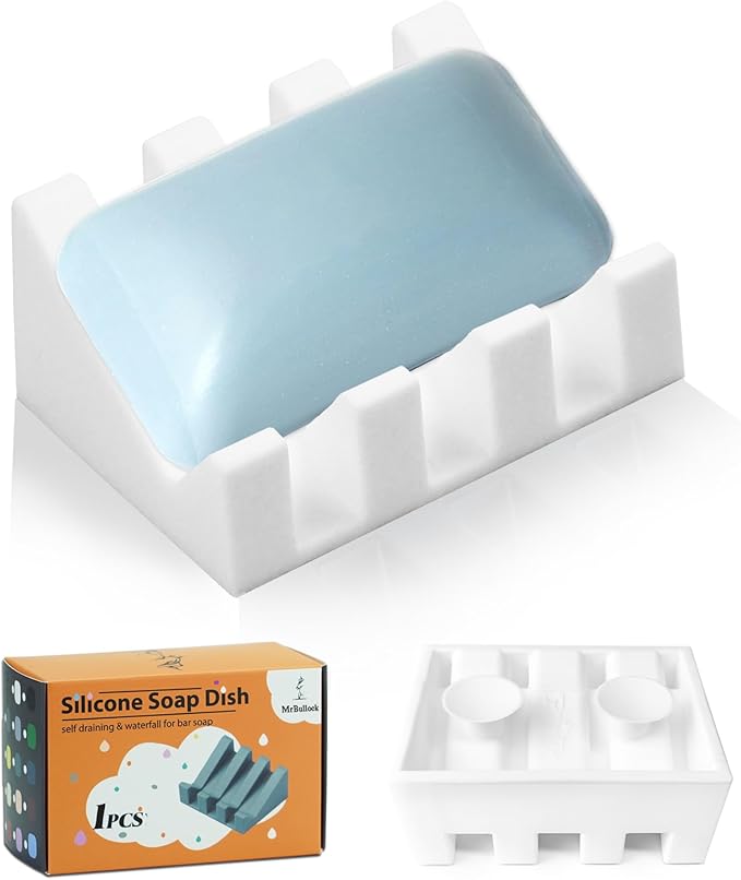 Silicone Soap Dish for Bar Soap Holder for Shower Bathroom Self Draining Waterfall Drying Tray Keep Soap Bars Dry Clean & Easy Cleaning (White, 1)