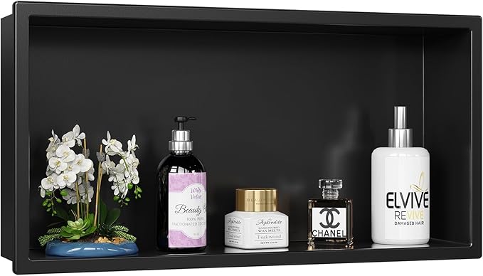 Shower Niche No Tile Needed, 12" X 24"(Outside Size 13.4"X25.4") Bathroom Niche for Shower Wall, Black Stainless Steel Wall Cabinet Insert for Bathroom, Recessed 2-Tier Shelf