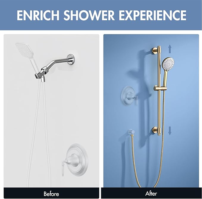 Adjustable Shower Slide Bar with 5-Function Handheld Shower Head, Stainless Steel Grab Slide Bar Combo with Extra Hose (Brushed Gold)