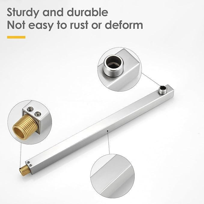 BESy 20 Inches Straight Extended Shower Arm With Flange, Rain Shower Head Extension Arms, Square Shower Rod Shower Head Extender Arm Shower Pipe Extension, Wall-Mounted Brushed Nickel Stainless Steel
