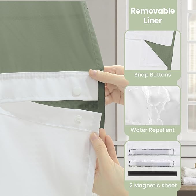 Inhousolu Extra Long No Hook Shower Curtain with Snap in Fabric Liner Set Waffle Weave 230GSM Weighted Hem, Waterproof & Washable Bathroom Curtain Spa with Mesh Top Window 72" W x 84" L Sage Green