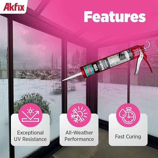 Akfix 918N White 100% Silicone Caulk for Kitchen and Bathroom (12x10.5 fl.oz.) - Solvent-Free, Low Odor, UV & Water Resistant, Fast Curing, Paintable, High Elasticity Silicone Sealant | White, 12 Pack