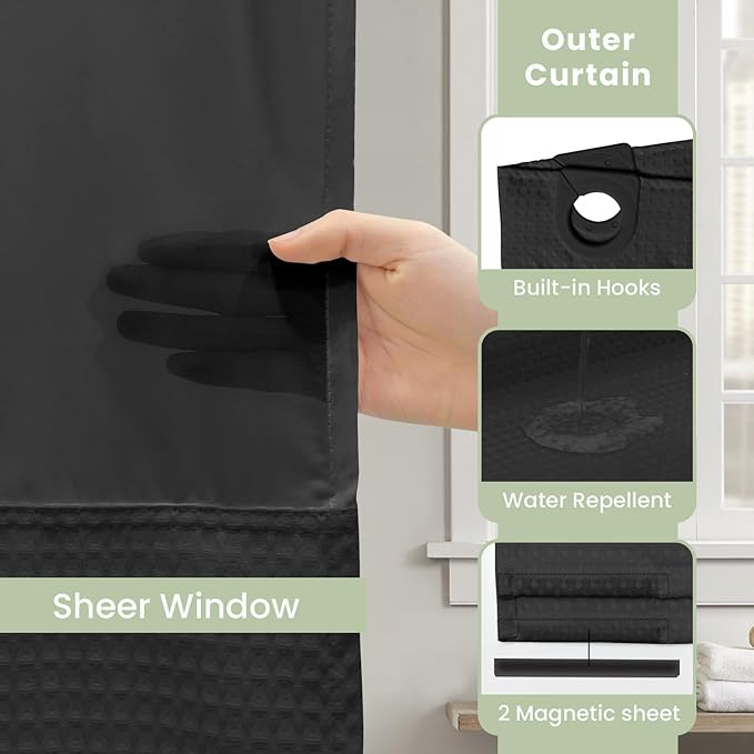 Inhousolu Extra Long No Hook Shower Curtain with Snap in Fabric Liner Set Waffle Weave 230GSM Weighted Hem, Waterproof & Washable Bathroom Curtain Spa Luxury with Mesh Top Window 72" W x 84" L Black