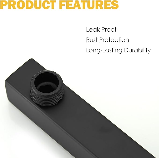 BESy 14 Inches Straight Extended Shower Arm With Flange, Rain Shower Head Extension Arms, Square Shower Rod Shower Head Extender Arm Shower Pipe Extension, Wall-Mounted Matte Black Stainless Steel