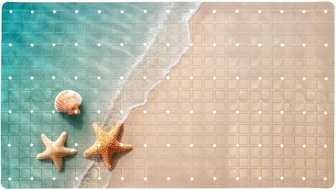 Bathtub Mats for Shower Tub, Anti-Slip Bath Mats for Inside Tub, Bathroom Shower Mats with Drain Holes and Suction Cups (Summer Beach Starfish Seashells Turquoise Water)