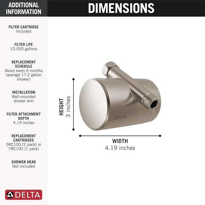 Delta Faucet Clarifi Standard Shower Filter Attachment with Filter, Shower Water Filter, Shower Head Filter, Stainless 7SF100-SS