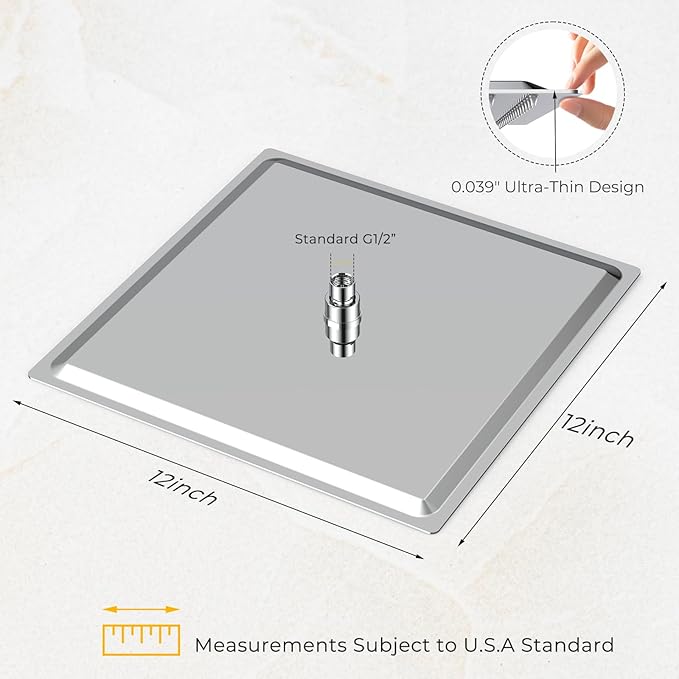 Rain Shower Head - 12 Inch High Pressure Shower Heads 304 Stainless Steel Ultra Thin Square Showerhead Pressure Boosting Design, Ceiling or Wall Mount, Chrome