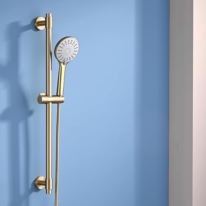 Adjustable Shower Slide Bar with 5-Function Handheld Shower Head, Stainless Steel Grab Slide Bar Combo with Extra Hose (Brushed Gold)