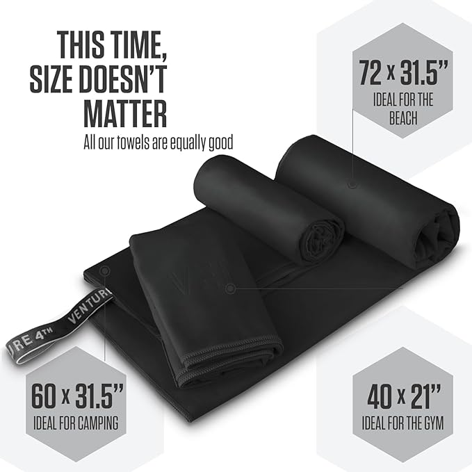 VENTURE 4TH Quick Dry Towel. Microfiber Travel Towel Ideal for Camping, Hiking, Backpacking, Gym. Lightweight & Fast Drying Travel Towels for Body. Compact & Easy to Pack - Black Large