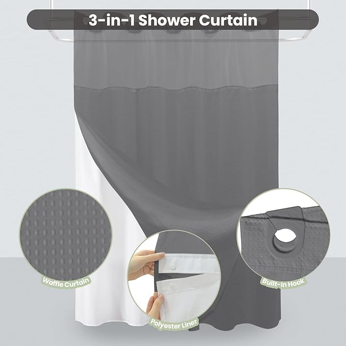 Inhousolu No Hook Shower Curtain with Snap in Fabric Liner Set Waffle Weave 230GSM Weighted Hem, Waterproof & Washable Bathroom Curtain Spa Luxury with Mesh Top Window 72" W x 72" L Grey