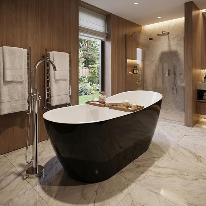 Bathtub with Upturned Ends, CUPC Chrome Drain and Overflow, White Interior and Black Exterior, Built-in Overflow, Fiber-Coated Fixing Bracket