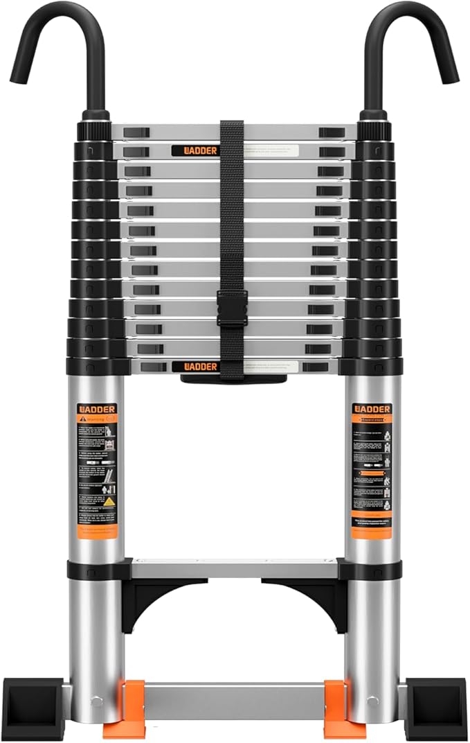 Telescoping Ladder,12.5FT Aluminum Multi-Purpose Collapsible Ladder with Stabilizers and Hooks,Jiashche Portable Extension Ladder for RV or Outdoor Work Silver,330lb Max Capacity