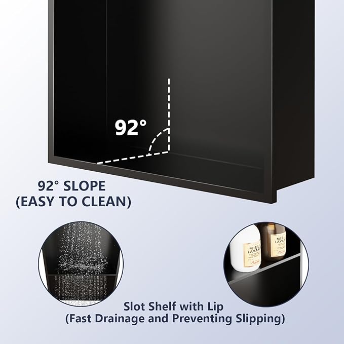 Stainless Steel Shower Niche, 12" x 24" No Tile Needed Recessed Wall Niche with Shelf for Bathroom Storage (Matte Black)