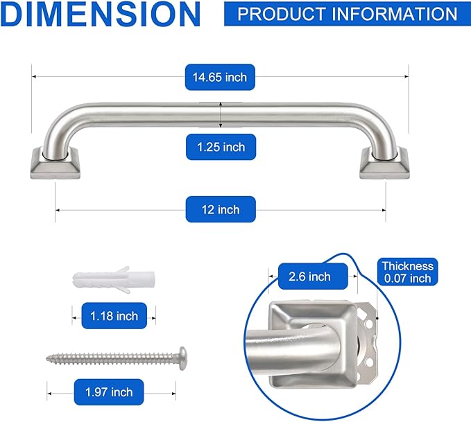 Bathroom Grab Bars Stainless Steel Handrail ADA Compliant 500lbs bathtubs and Showers Toilet Handle Safety for Handicap, Elderly, Disabled, Injury (12inches 2 Pack)