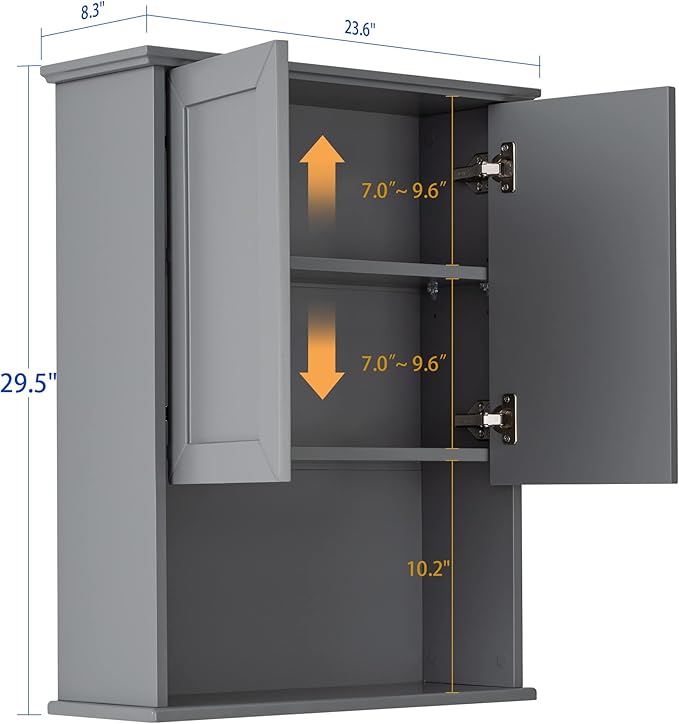 Grey Cabinet Wall Mounted with 2 Doors, Wooden Medicine Cabinet with Adjustable Shelf, 23"x 29" Over Toilet Wall Hanging Cabinets for Bathroom Bedroom, Kitchen, Laundry Room