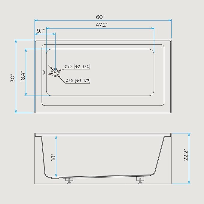 Acrylic Alcove Bathtub 60×30 Inch Drop-In Bathtubs – Left Hand Drain & Overflow, Space-Saving Drop-In Soaking Tub with Skirted Front, Recessed Bathtubs Ideal for Apartment or Guest Bathroom