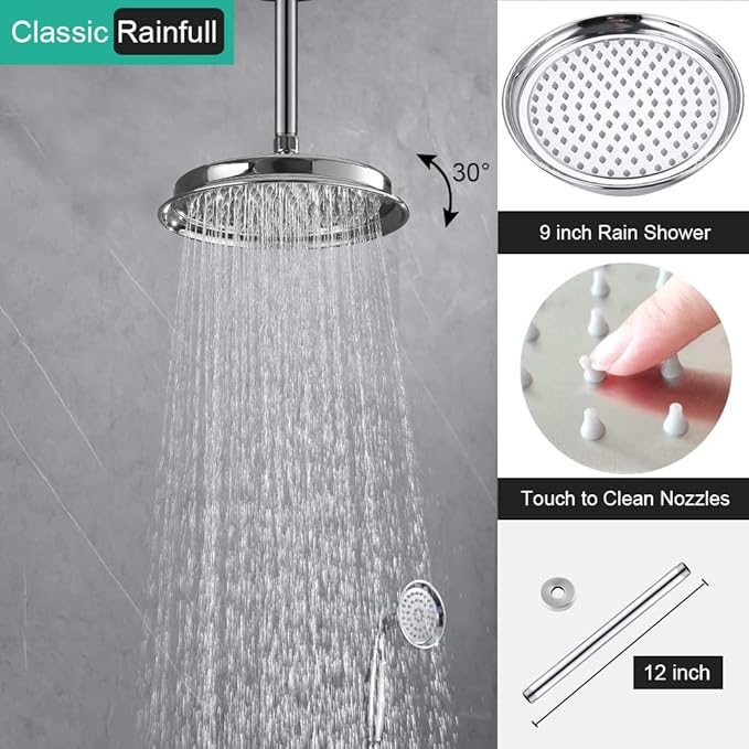 Dual Antique Shower Head System with Tub Spout: 9" Ceiling Mounted Rain & 6" Wall Mount Rainfall, Handheld Spray Vintage Faucet Set, 4 Way Diverter Brass Valve with Trim Kit, Chrome