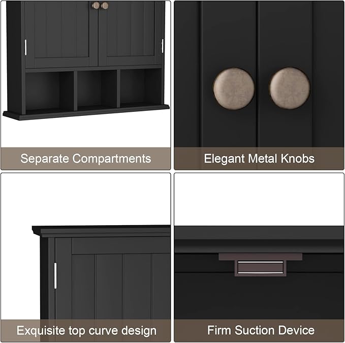 ChooChoo Bathroom Cabinet Wall Mounted 2-Door with 3 Open Shelves， Wooden Medicine Cabinets with Adjustable Shelf，Space Saver Storage Cabinets Over The Toilet for Bathroom&Living Room，Black