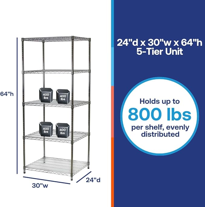 Shelving Inc. 24" d x 30" w x 64" h Chrome Wire Shelving with 5 Tier Shelves, Weight Capacity 500lbs Per Shelf
