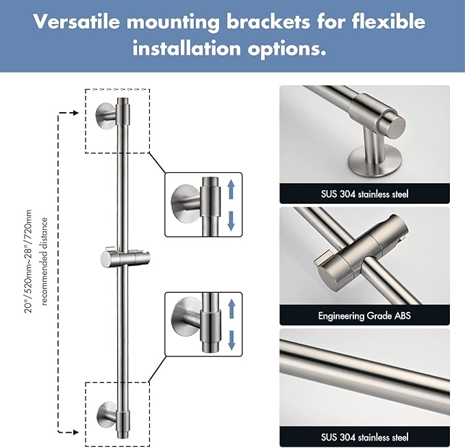 Adjustable Shower Slide Bar with 5-Function Handheld Shower Head, Stainless Steel Drill-free Mounted Slide Bar Combo with Extra Hose (Brushed Nickel)