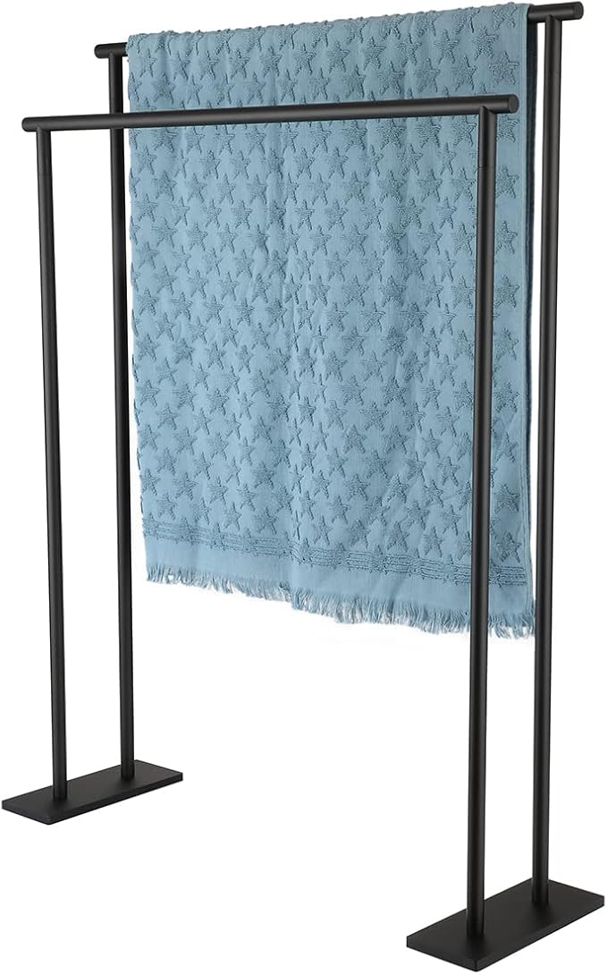 JQK Bath Towel Bar Free Standing Black, 30 Inch Stand Double Towel Rack Holder Shelf for Bathroom Floor, Matte Black, BTH120L30-PB