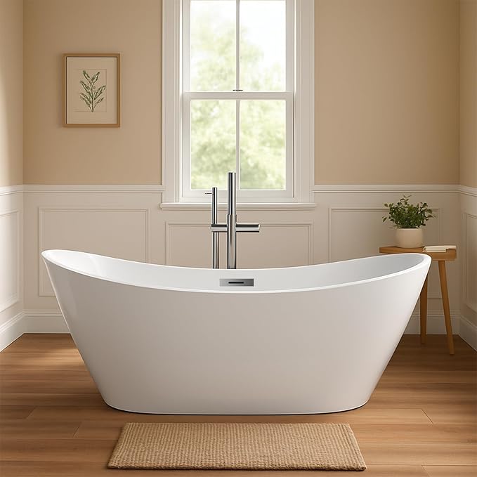 67 in Acrylic Freestanding Bathtub, Contemporary Stand Alone Tub,Glossy White Soaking Tub, with Chrome Overflow and Drain, CUPC Certified