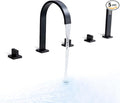 High Arc 5 Hole Roman Tub Filler with Handheld Showerhead Bathroom Widespread Waterfall Bathtub Faucet Set Deck Mounted, Matte Black