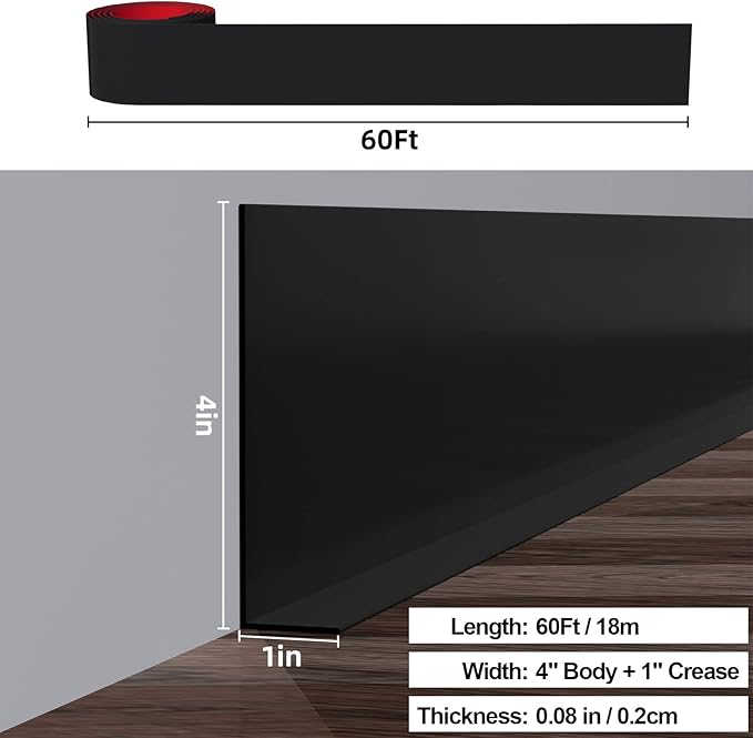 Duzzy Flexible Baseboard Molding Trim, 5 Inch(W) x 60 Feet(L) Peel and Stick Rubber Wall Trim Molding, Self-Adhesive Vinyl Wall Base Cove Base