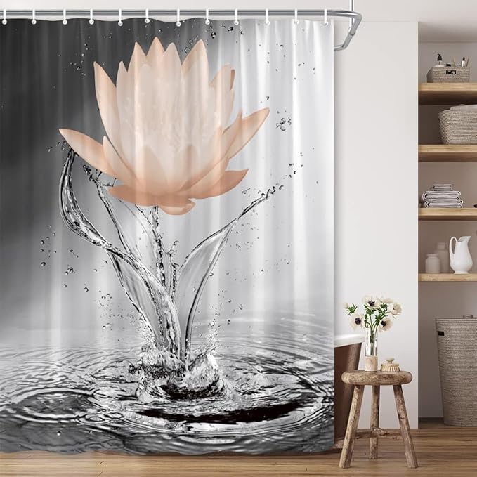 Lotus Shower Curtain Black White Grey Orange Flower Elegant Blooming Floral with Dew Spring Flower Reflection on Water Modern Romantic Polyester Fabric Bathroom Decor 70×78 Inch with Hook