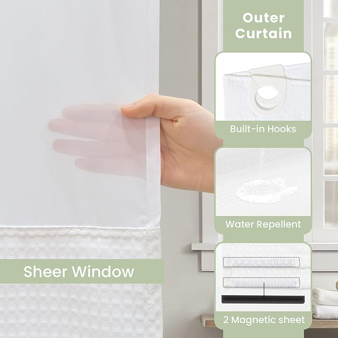 Inhousolu Stall No Hook Shower Curtain with Snap in Fabric Liner Set Waffle Weave 230GSM Weighted Hem, Waterproof & Washable Bathroom Curtain Spa Luxury with Mesh Top Window 60" W x 72" L White