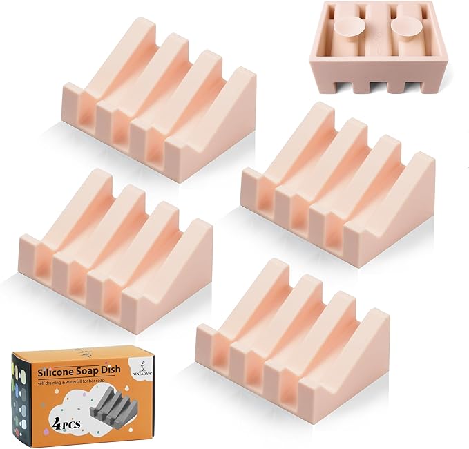 Silicone Soap Dish with Drain, Upgrade Double Suction Cups at The Bottom for Anti-Slip and Stability, Soap Dish Shower Waterfall Bar Soap Holder Tray with Drain Soap Holder (4, Pink)