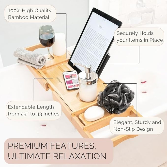 Bamboo Bathtub Tray Caddy Expandable - Over The Tub Bath Caddy Tray for Bathtub Accessories for Relaxing Spa, Bamboo Bath Tray for Tub Accessories for Bathtub for Women. Bath Spa Gifts for Women.